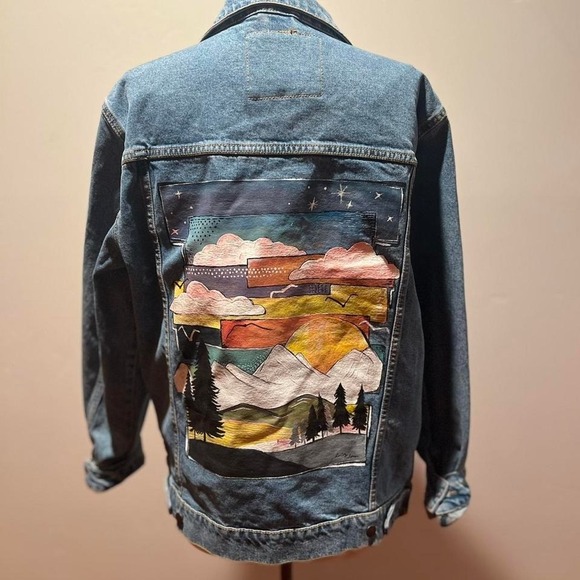 Pull & Bear Jackets & Blazers - Pull Bear Denim Jacket Hand Painted Mountain Sunset Scene Mens XL